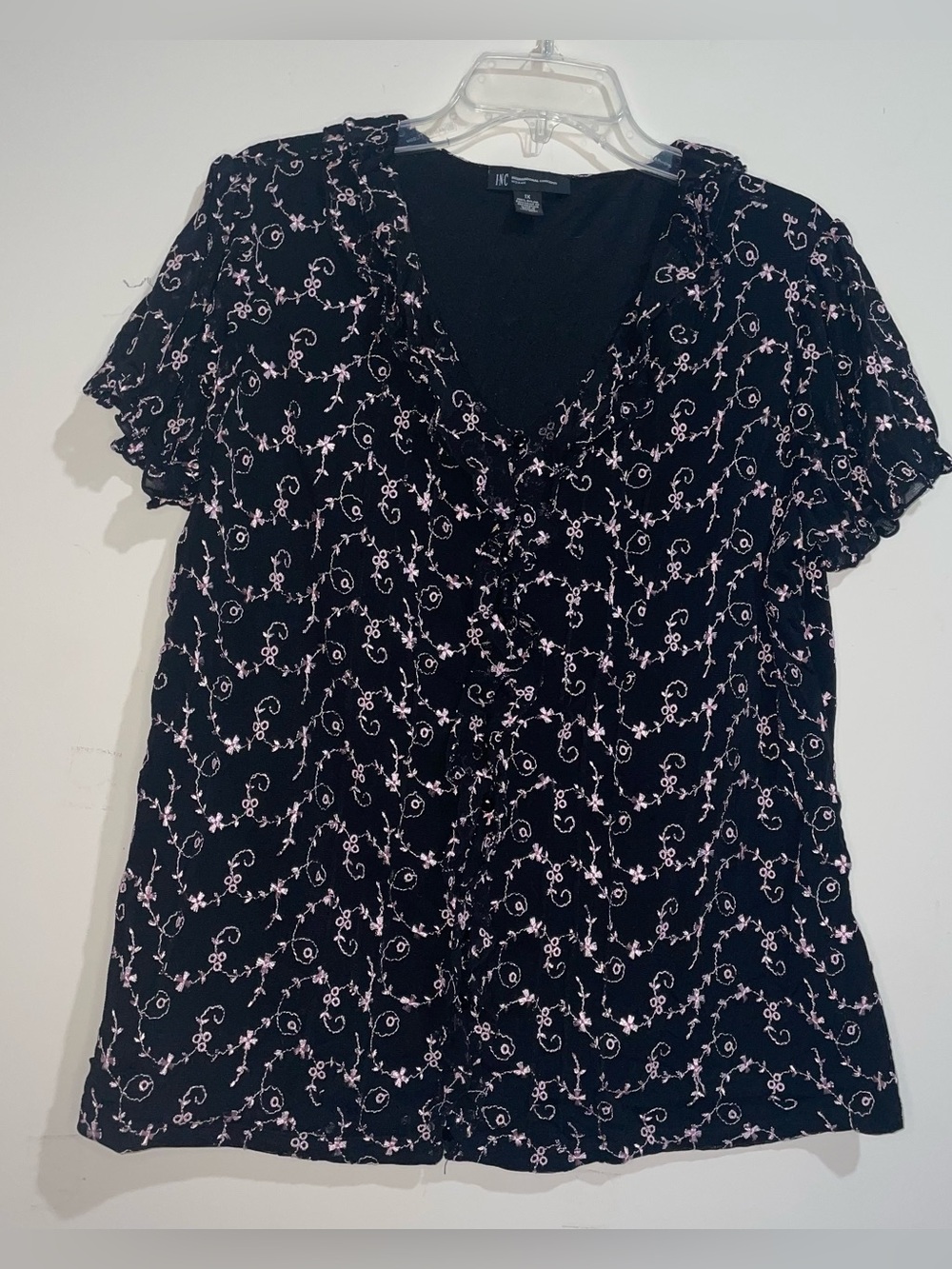 INC Black Flutter Sleeve 1X Pink Embroidery Button Ruffle Neckline V Neck Blouse